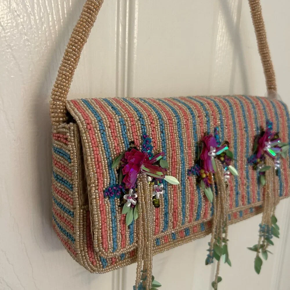 Beaded Stripe Floral Tassel Baguette Shoulder Bag Handcrafted in India NWT